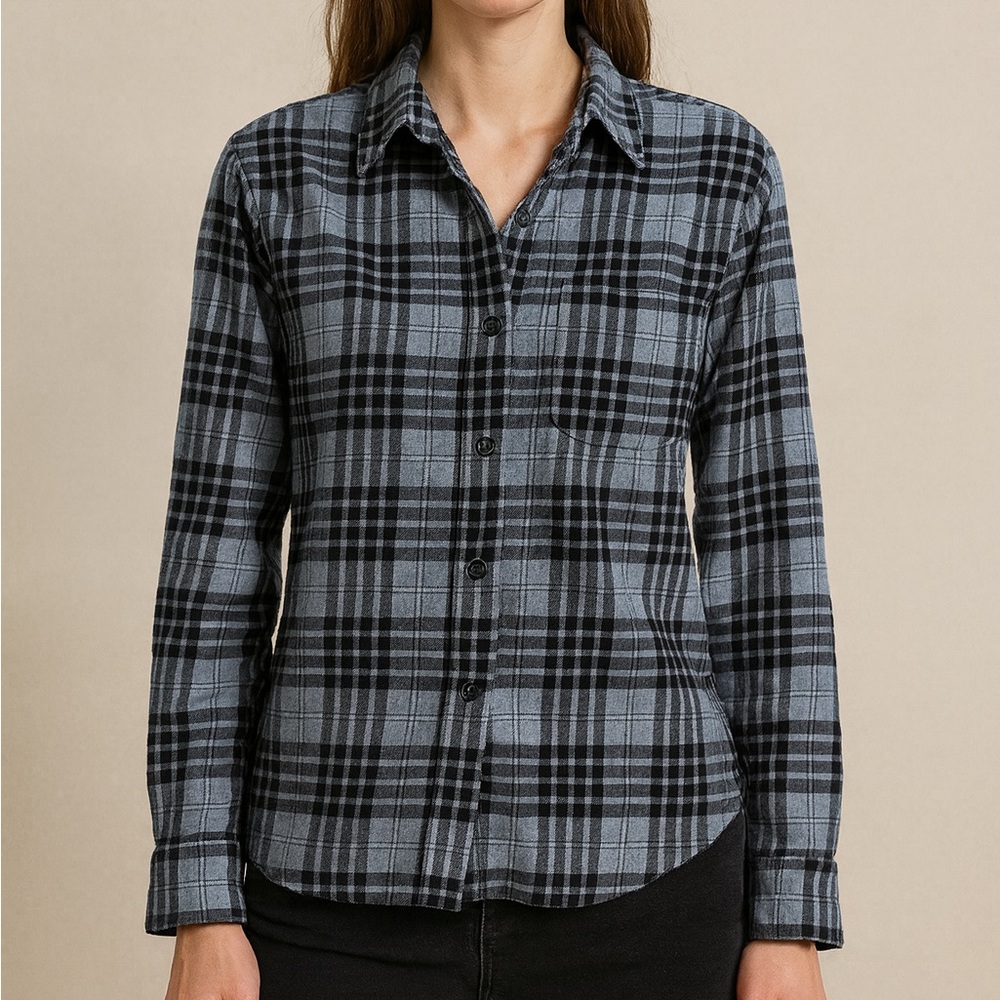 Vince 100% Cotton Flannel Plaid Button Down Shirt Size SP Blue Black Cozy Winter